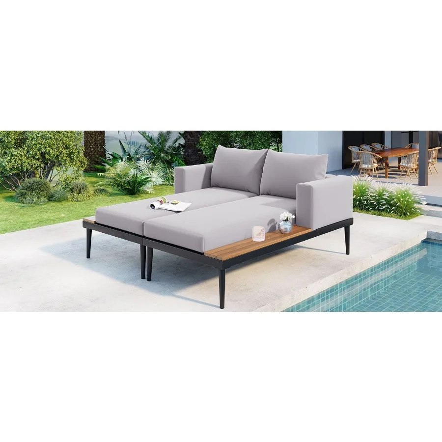 

TOPMAX Modern Outdoor Daybed Patio Metal Daybed with Wood Topped Side Spaces for Drinks 2 in 1 Padded Chaise Lounges for Poolsi