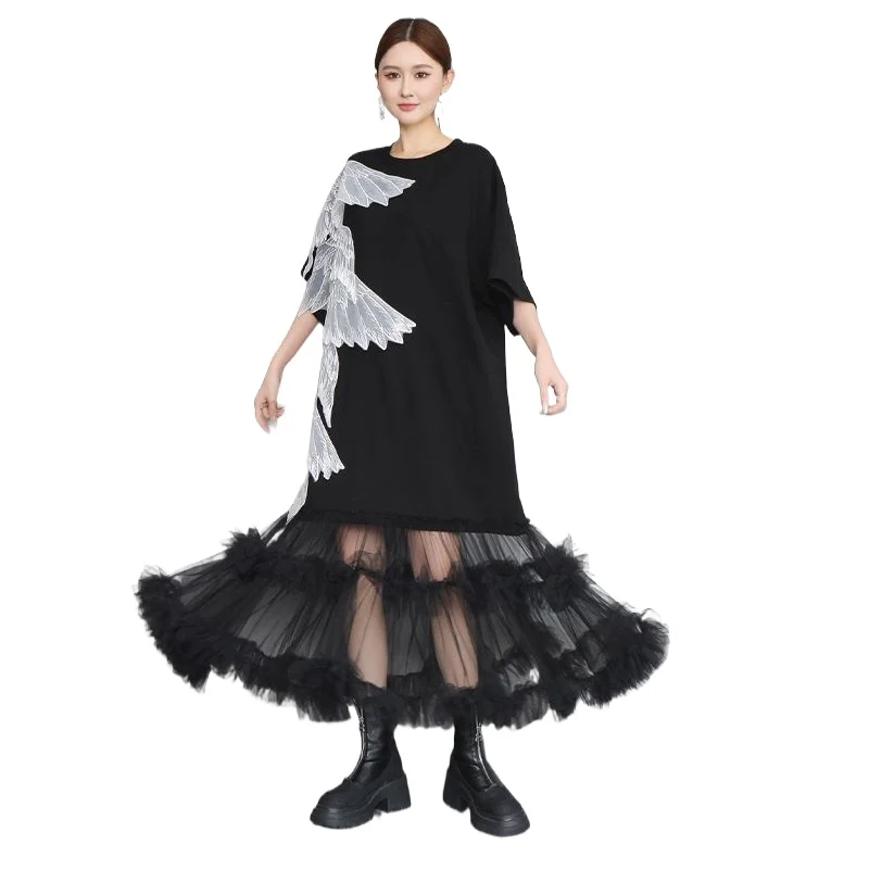 

Women Dresses Gothic Style Three-dimensional Embroidered Wing Dress, Women's Black Mesh Splicing T-shirt, Long Dress