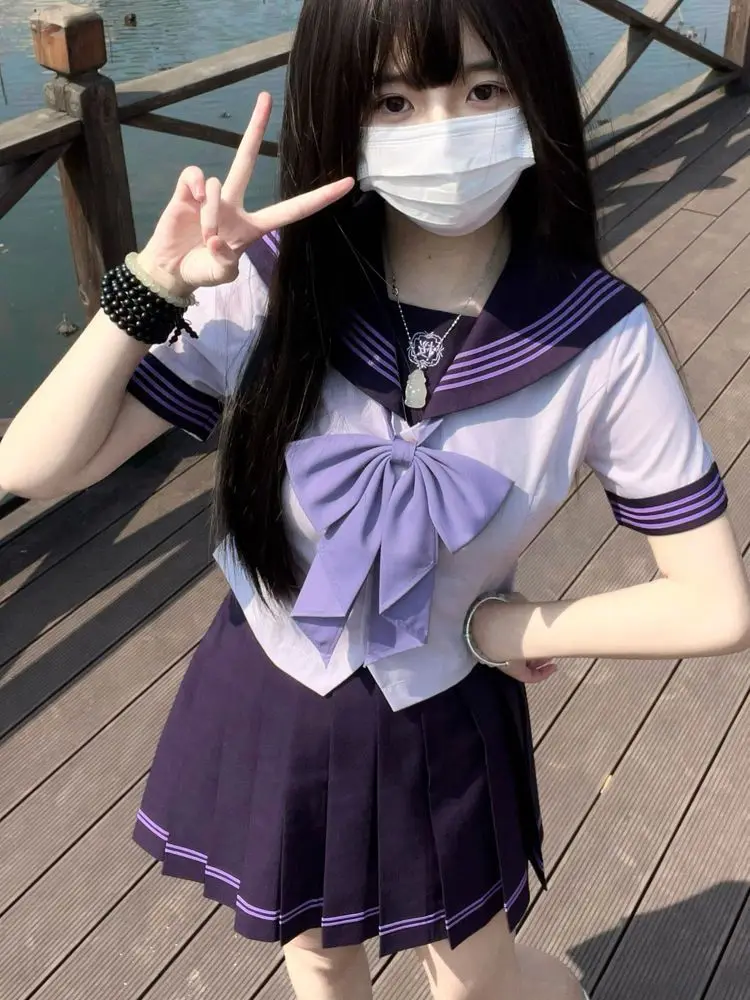 

2025 New Japanese Preppy Style Female Kawaii Spring Sweet 2 Piece Set Women Lolita Sailor Collar Bow Elegant Pleated Skirt Suit