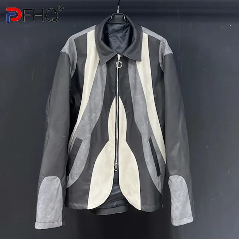 

PFHQ Men's PU Leather Jackets American Patchwork Irregular Cut Loose Casual Motorcycle Popular Zippers Coat Spring New 21Z4285