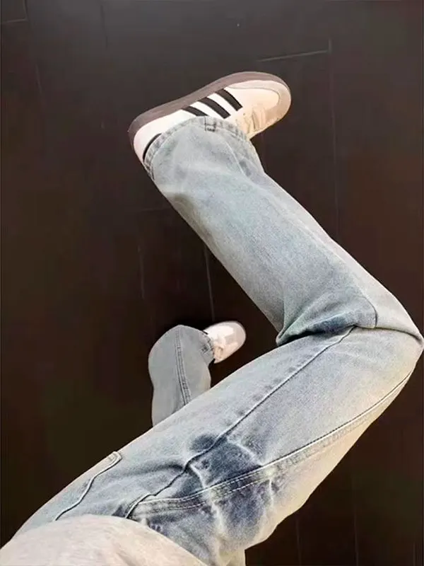 

American Retro Lightning Pattern Blue Jeans Men's Autumn Winter Slim Fit Micro Flare Pants Straight Leg Jeans Cleanfit