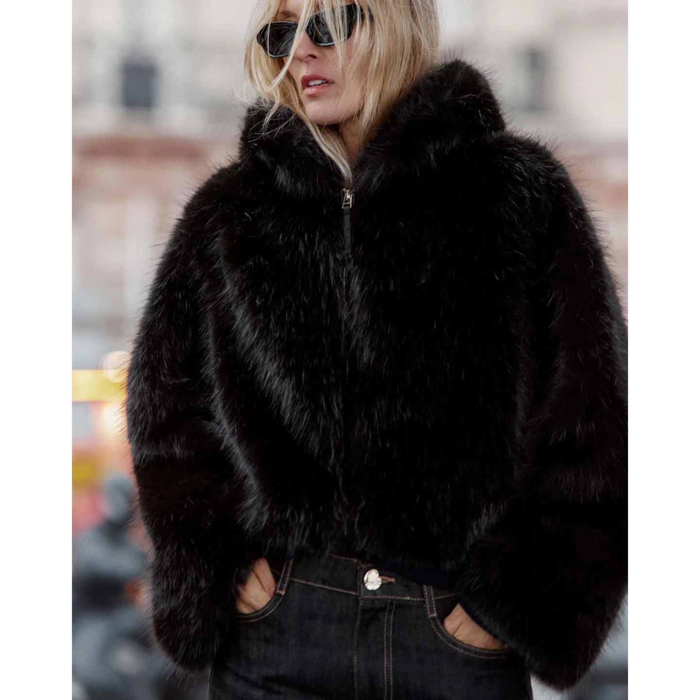 Otoño Invierno nueva llegada mujer cremallera Trim largo Sve con capucha piel Artificial ort Jaet abrigo fibra de poliéster cuello levantado