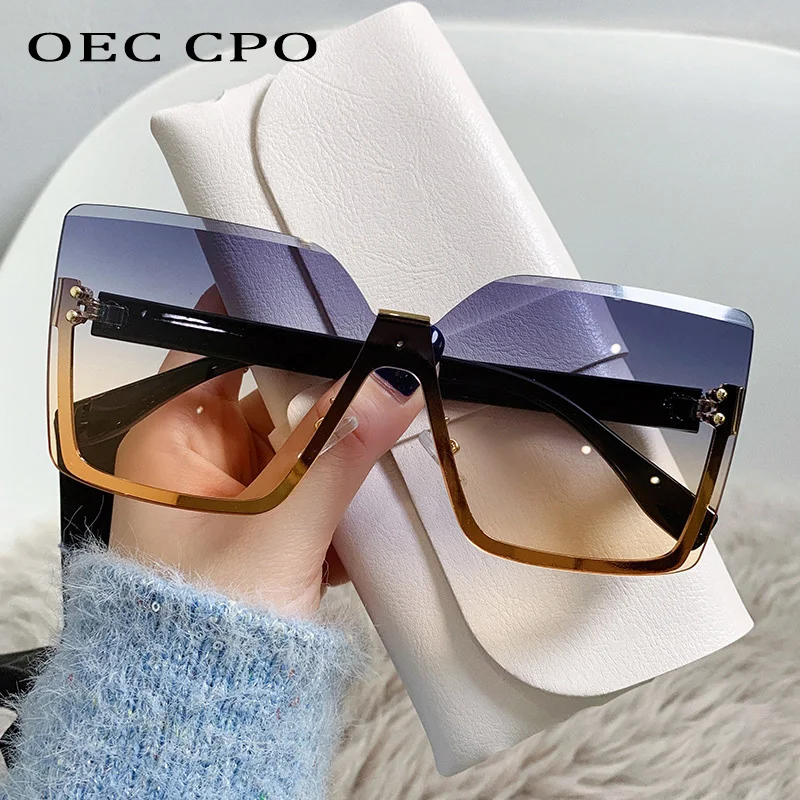 OEC CPO Oversized Rimless Sunglasses Women Men Punk One Piece Sun Glasses Female Gradient Shades Eyeglasses UV400 Trends Eyewear