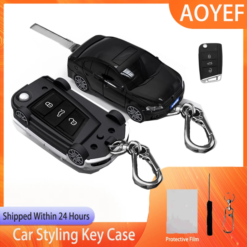 For VW Lavida Car Model Key Case for MK7 Tiguan  Skoda Octavia Kodiaq Karoq Seat Ateca Flip Folding Car Key Cover Fob Keychain