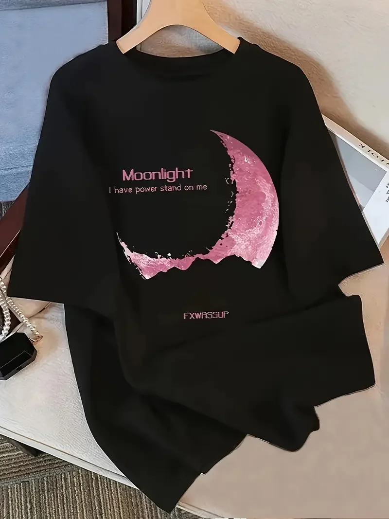 

Women's Short-sleeved T-shirt with Pink Moon and "moonlight" Prints Is Artistic and Fashionable Graphic T Shirts Vintage Y2K Top
