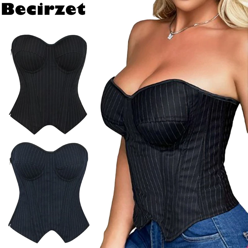 

Корсет Becirzet для женщин, на молнии, в полоску, со шнуровкой, утягивающий талию, корректирующее белье для офиса, топ