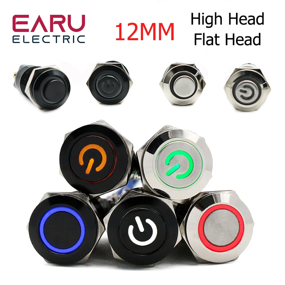 12mm High Round Waterproof Momentary Stainless Steel Metal Push Button Power Switch LED Light Shine Car Horn 3V 6V 12V 24V 220V