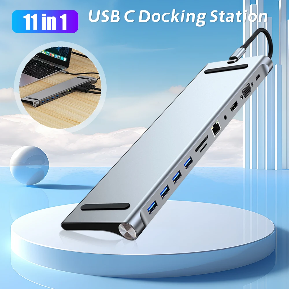11 in 1 USB C Docking Station 1* USB 3.0 3*USB2.0 USB C Hub Triple Display Multiport Adapter for Surface/HP/Dell/Lenovo/MacBook