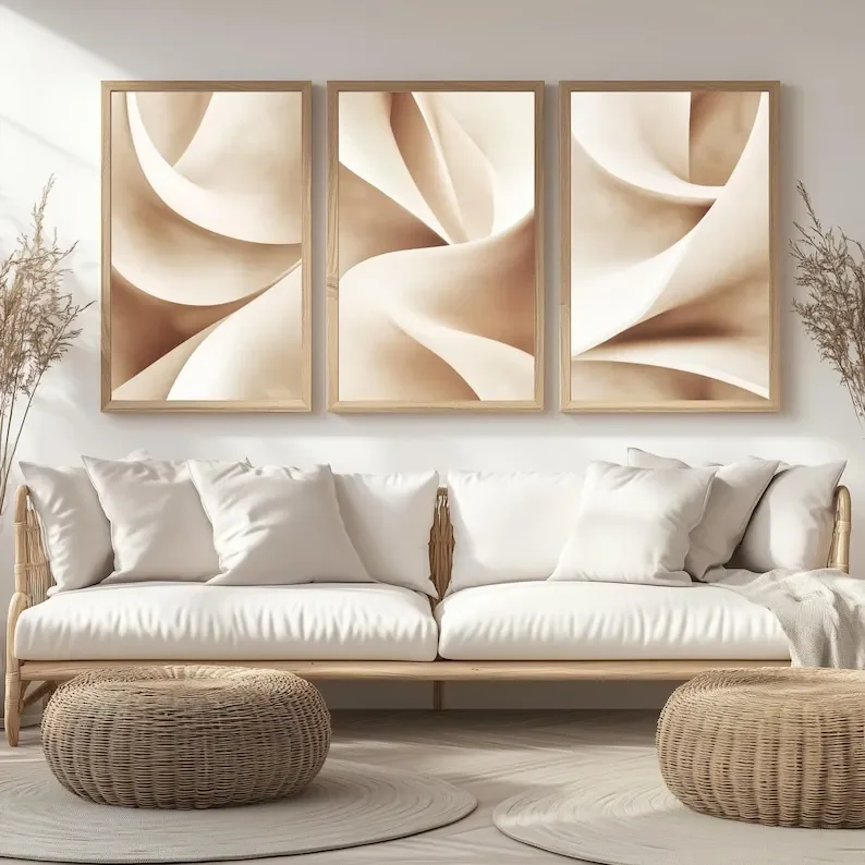 3pcs frameless Canvas Painting 3pcs/set Warm Beige Abstract Canvas Print Neutral Pastel Tones Simple Geometric Wall Art Haibo fo