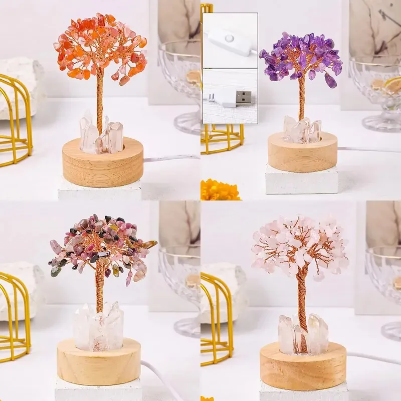 Natural Red Crystal Money Tree Solid Wood Round Base Handmade Gemstone Bonsai for Home Office Living Room Decoration