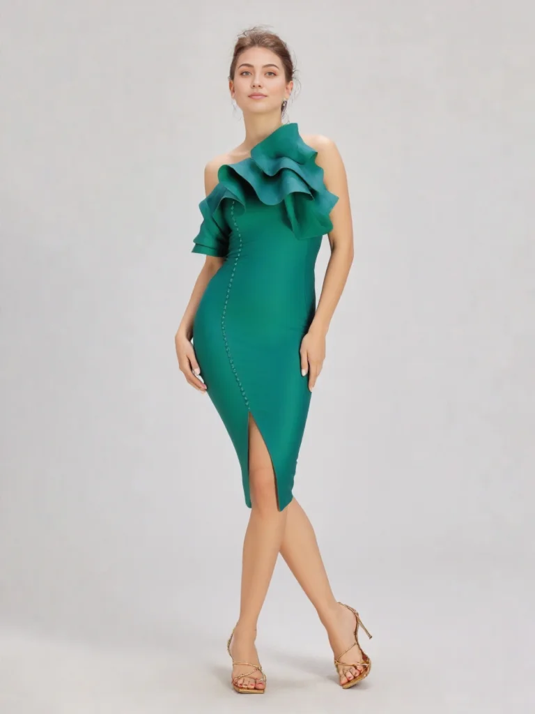 Emeral Green Satin Mother of the Bride Dress for Wedding Knee length Formal Party Dress Short Ruffle sleeveless CocktailGown