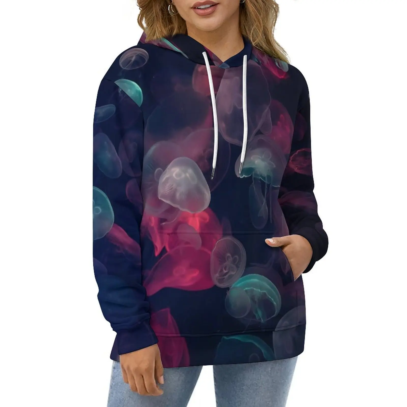 Jellies Hoodies Blue Pink Red Jellyfish Hip Hop Oversize Hoodie Women Long Sleeve Kawaii Design Casual Hooded Sweatshirts