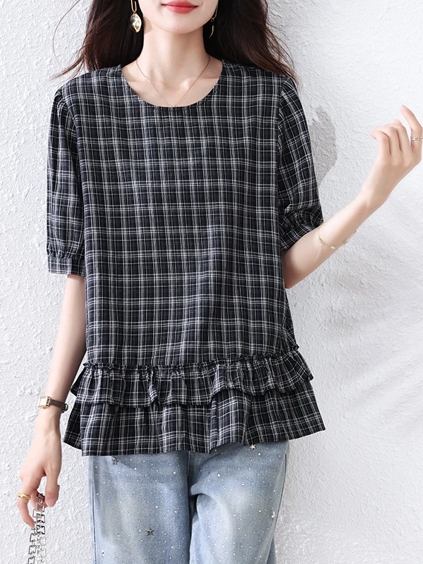 2023 sommer Neue Plaid ort Sve runde Ne Casual Dünne frauen irt Koreanische Sle Lose Fit Regelmäßige Länge Pendeln Sle