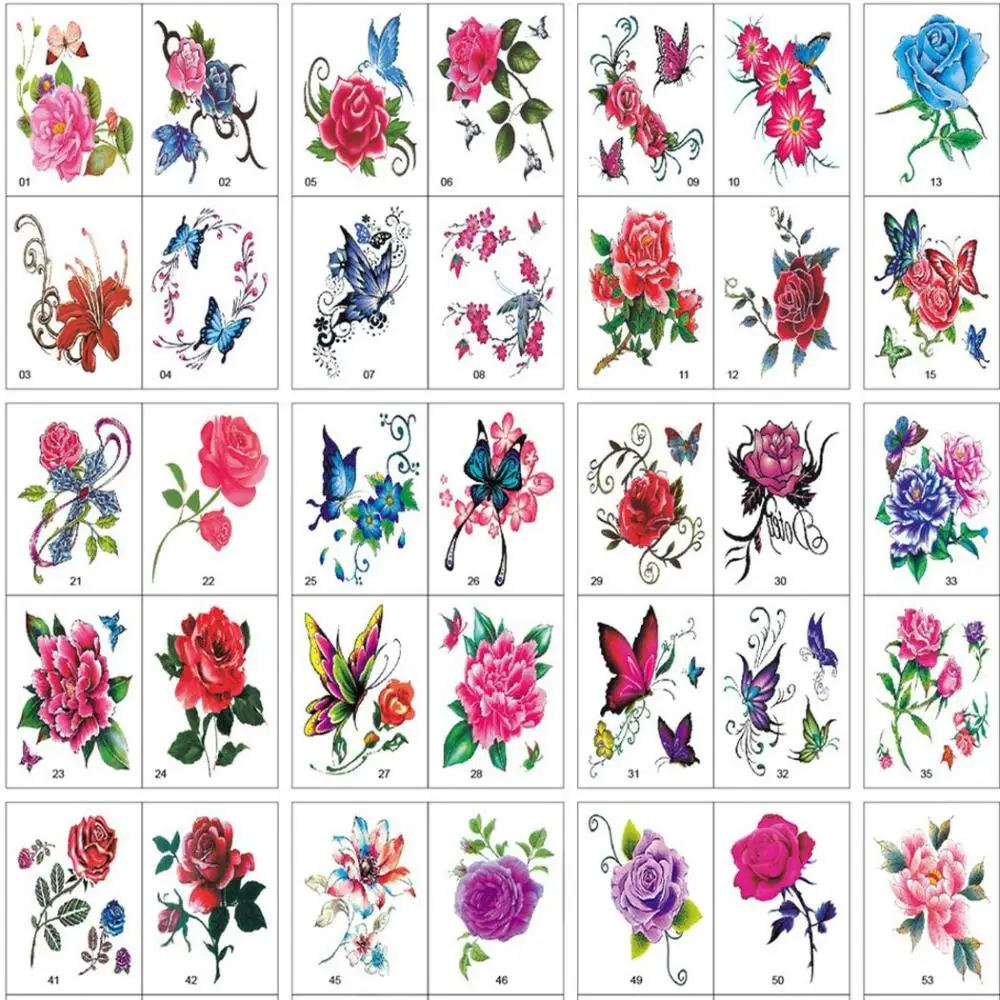 Repeat DIY Sticker Rose Floral Butterfly Peony Disposable Tattoo Decals Body Art Decals Flower Tattoo Sticker Temporary Tattoos
