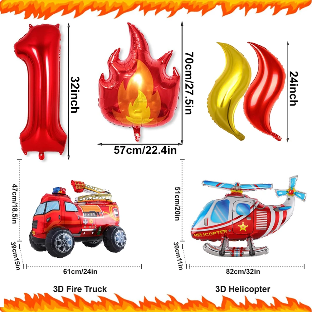 Fire Truck Party Decoration Birthday Number Foil Fire Engine Balloon for Kids Firefighter Fireman Birthday Party Favors Supplies