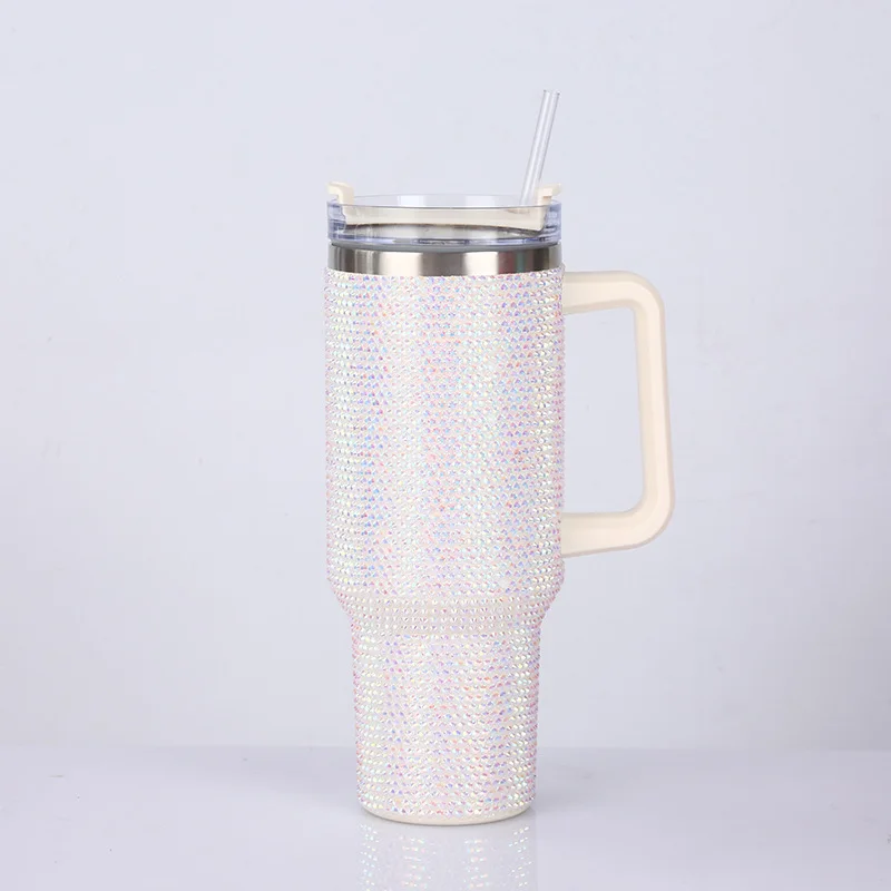 Diamond studded new 40oz diamond car cup, high aesthetic stainless steel straw cup, large capacity handle, ice resistant cup