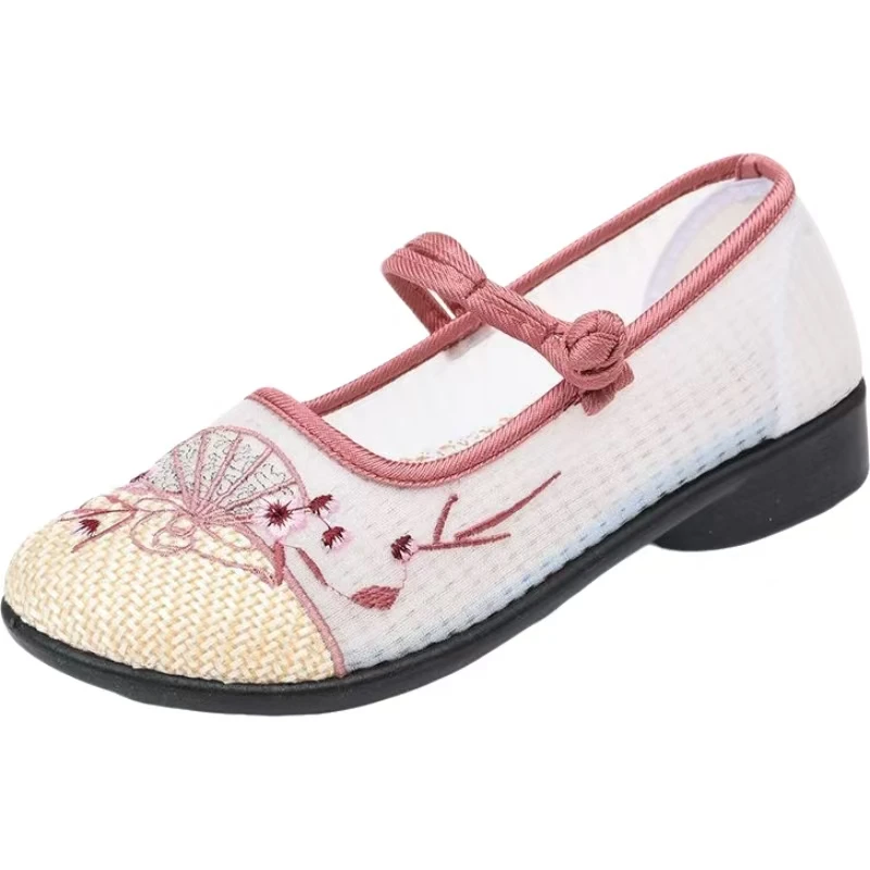 

Woman's New Ethnic Style Low Heel Mesh Embroidered Shoe Soft Sole Non Slip Round Toe Buckle Strap Mary Jane Shoes Hanfu Shoes