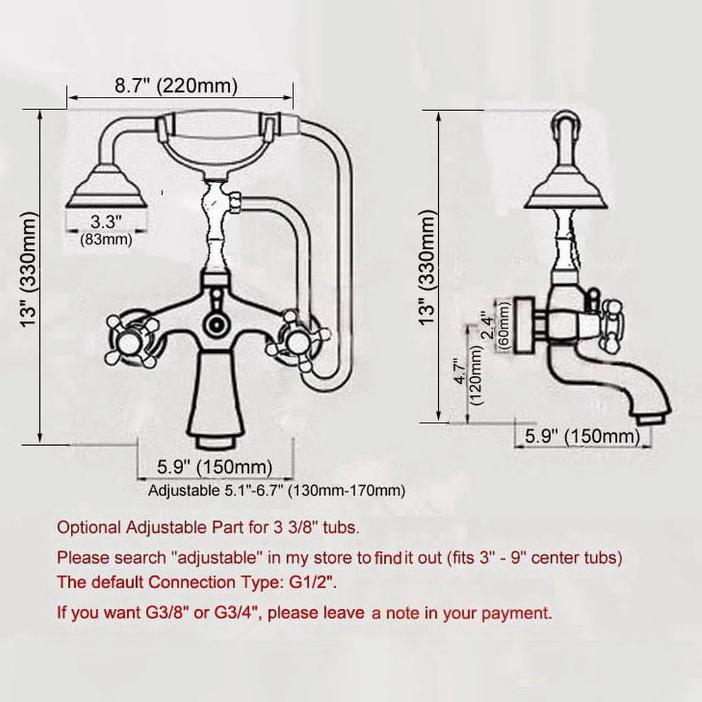 Chrome Brass Double Handle Wall Mounted Bathroom Bath Tub Faucet Set with 150CM Hand Held Shower Spray Mixer Tap 2na197