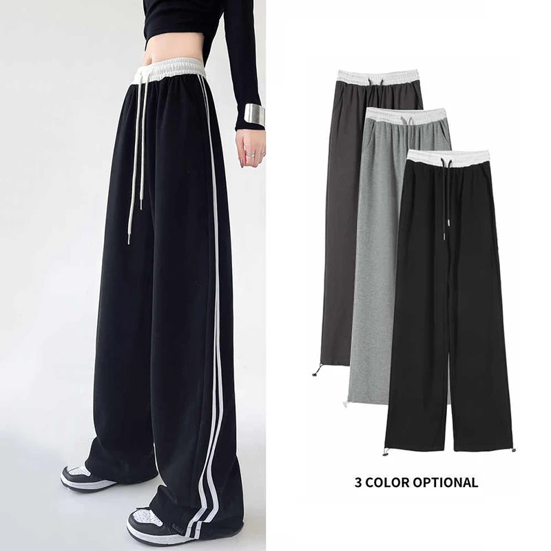 Spring Women Classic Stripe Sweatpants Lady High Waisted Designer Sports Trousers Female Daily Elastic Lace Up Wide Leg Pants