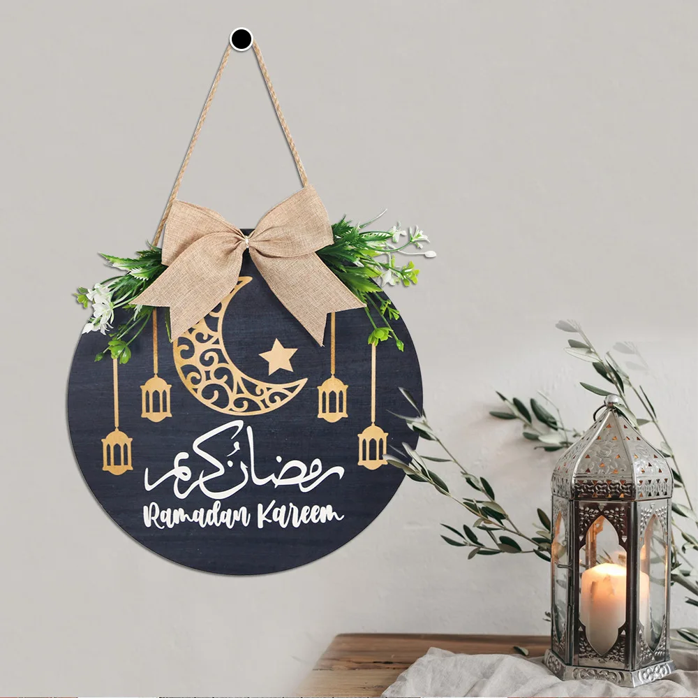 Wooden Ramadan Kareem Round Door Wreath Hanging Sign Decor Eid Mubarak Decoration Ramadan Home Decor Mubarak Islamic Supplies