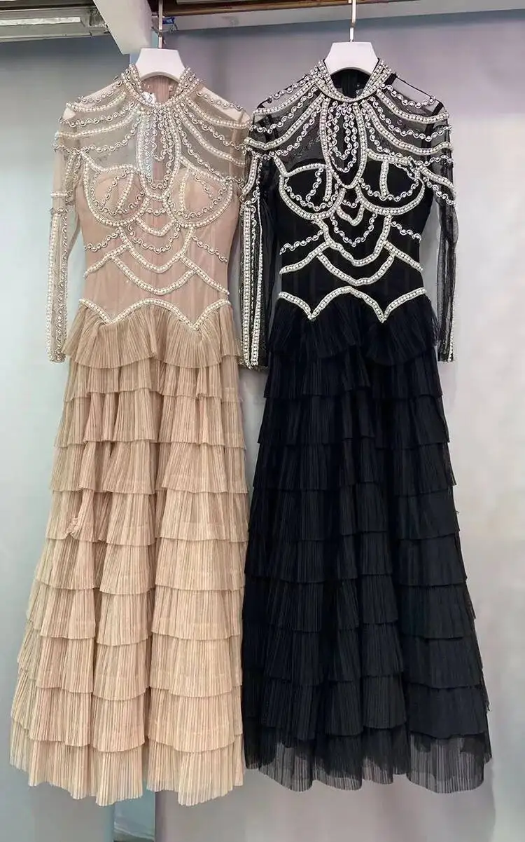 Luxury Banquet Evening Long Bridesmaid Wedding Dress Women Long Sleeve Beaded Pearls Diamonds Mesh Tulle Lace Vestidos Prom Robe