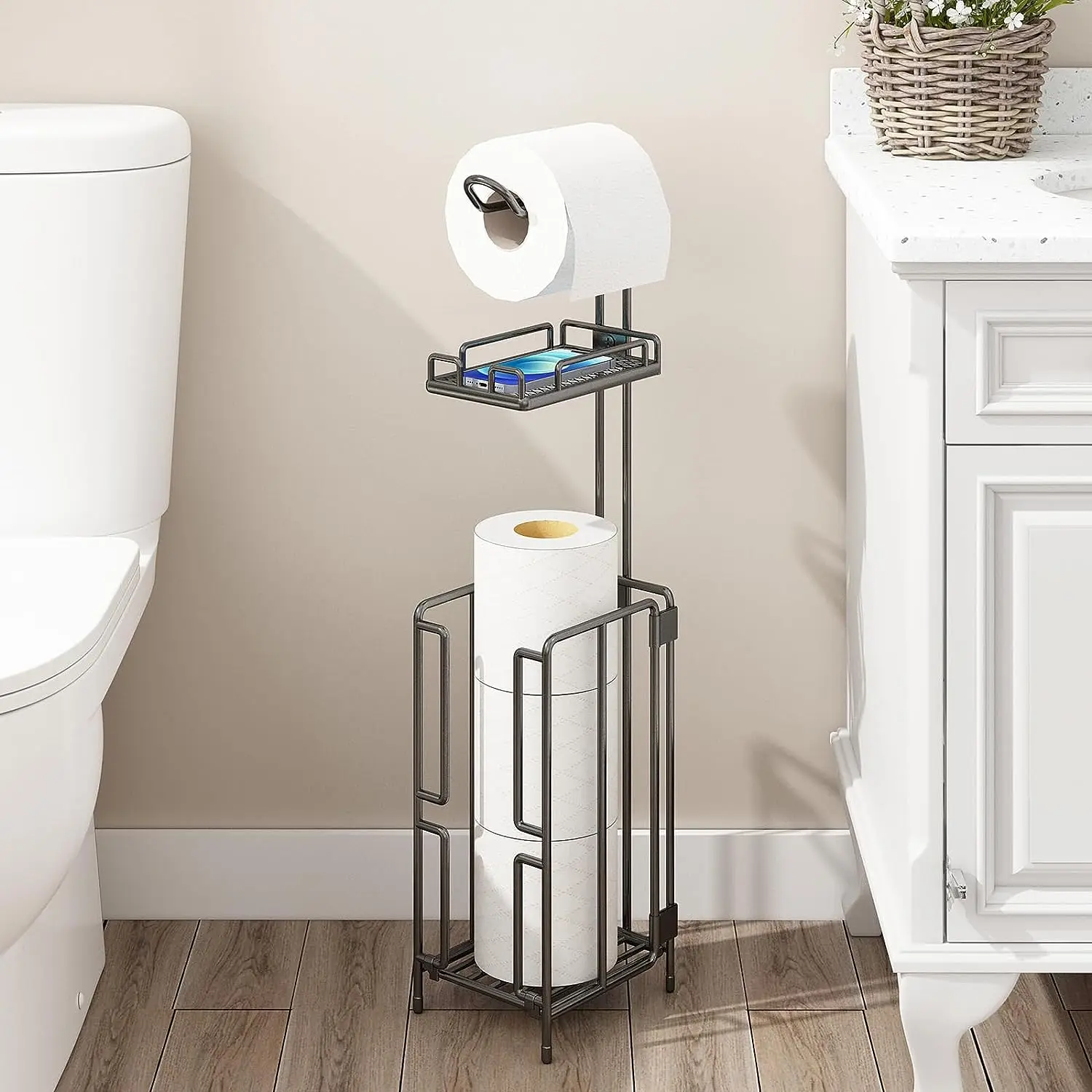 Toilet Paper Holder Stand, Bathroom Toilet Tissue Paper Roll Storage Holder with Shelf and Reserve for Bathroom Storage Holds Wi