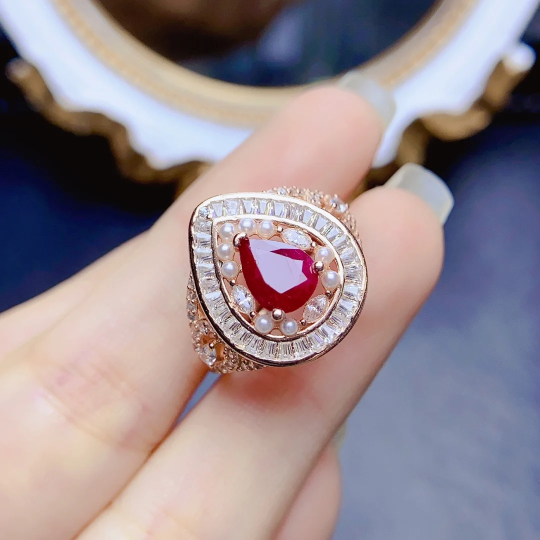 FS Fashion S925 Sterling Silver Inlay 6*8 Natural Ruby Luxury Ring With Certificate Fine Charm Wedding Jewelry for Women MeiBaPJ