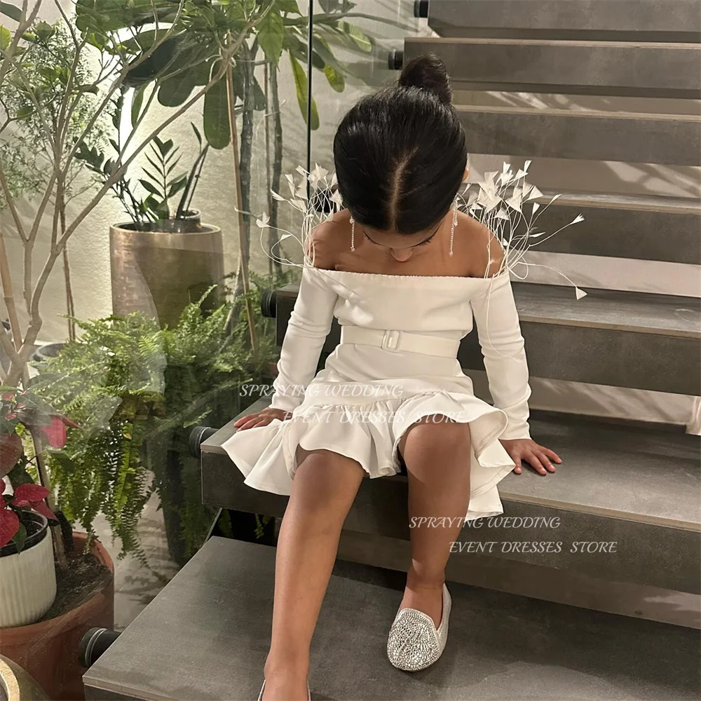 SPRAYING Evening Dresses for Children Boat Neck Full Sleeves Girl Dresses Knee-Length Pleat Ruffle Birthday Shooting Dress