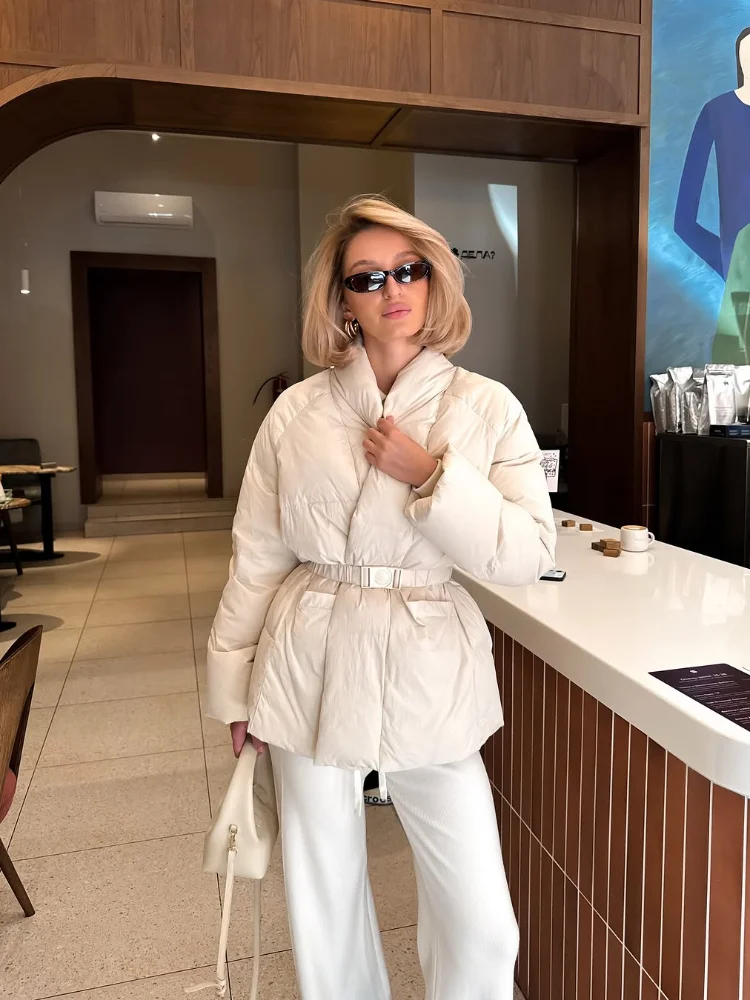 Lapel Lace Up Cotton Coat Lady Chic Solid V-neck Full Sleeve Pocket Loose Jacket Women Casual Winter Daily Commute Street Coats