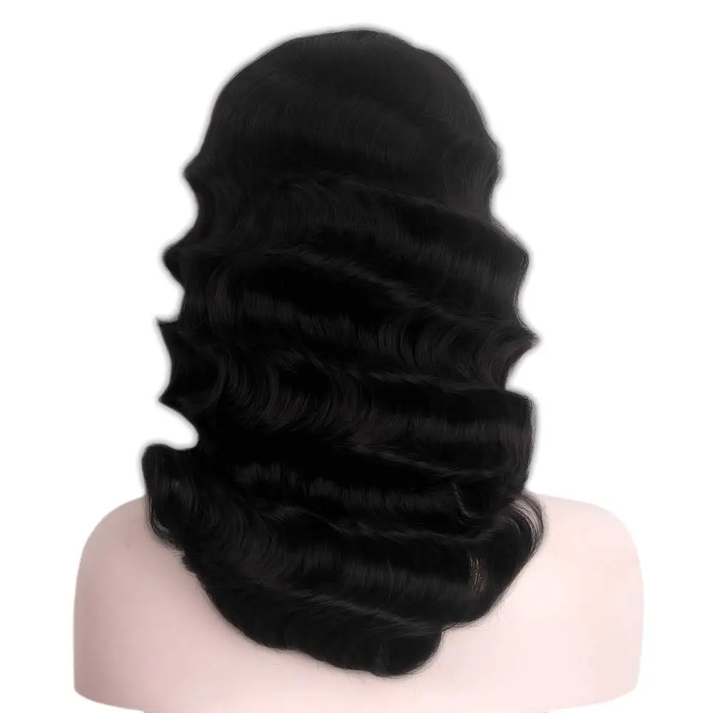 Vinger Wave Pruiken 1920S Retro Lang Krullend Bruin Synthetisch Haar Voor Vrouwen Cosplay Halloween Party Kostuum (Zwart)