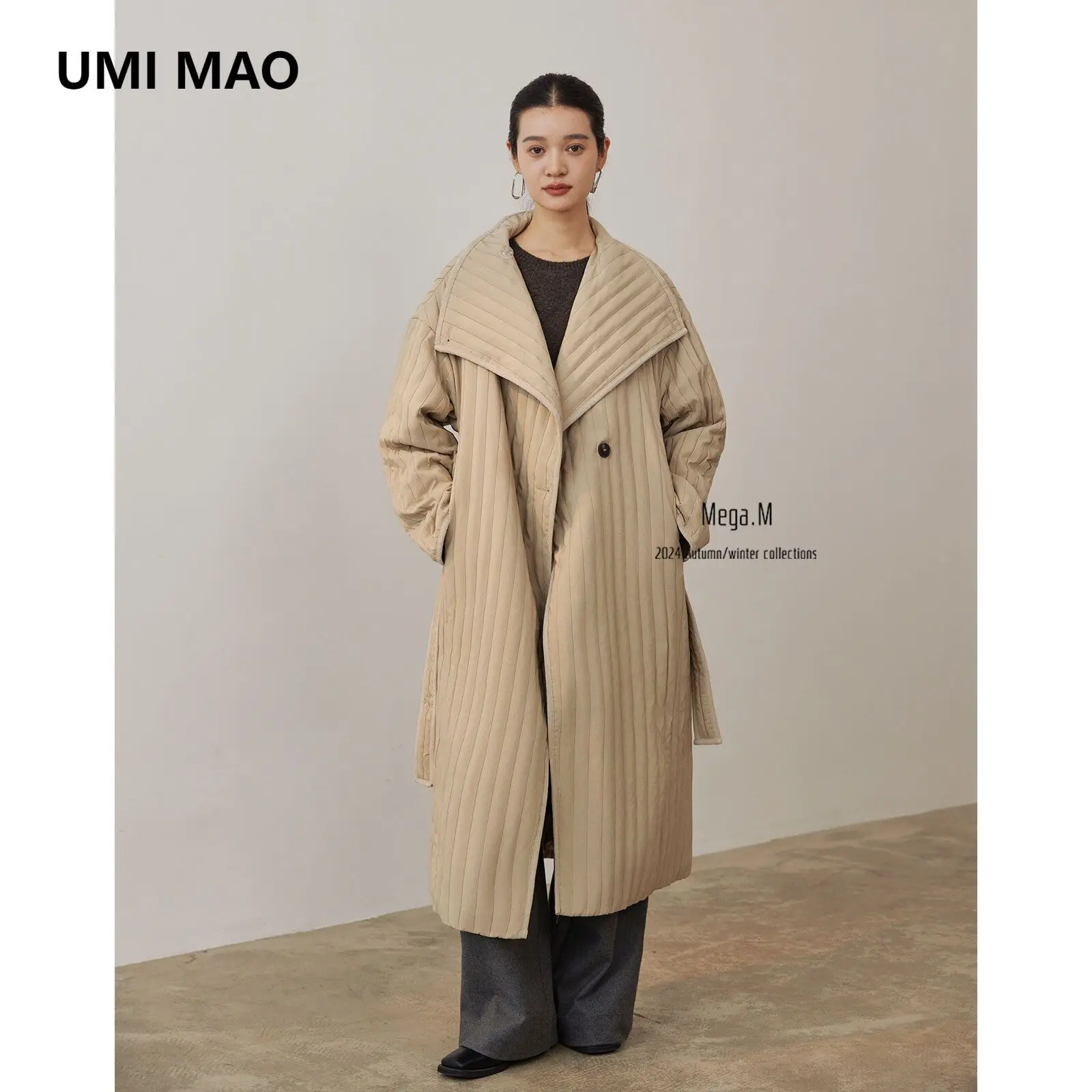 UMI MAO Minimalist Big Collar Fashionable Sensory Long Coat Winter Warm  Thickened Windproof Air Striped Cotton Jacket Femme