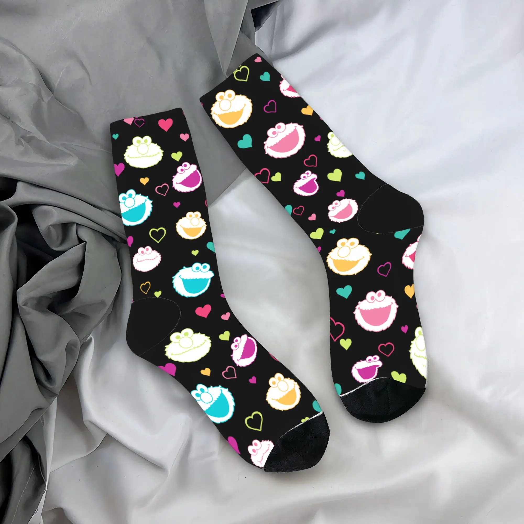 

Crazy Design Elmos & Cookies Monsters Sweet Stuff Heart Sports Socks Cartoon Polyester Long Socks for Women Men Breathable