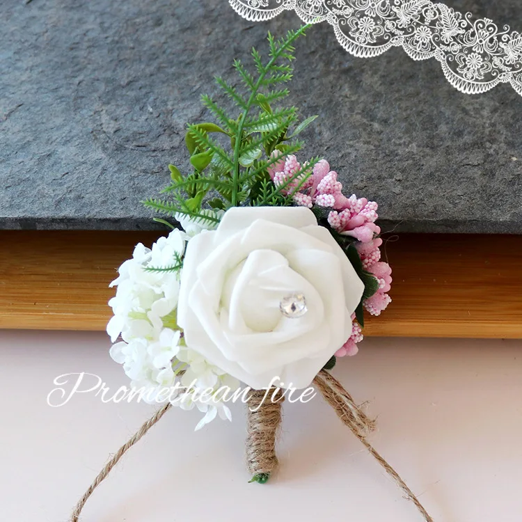 Boutonniere 및 손목 코사지 결혼식 시뮬레이션 PE 장미 + 자수 공, 신부 및 신랑 비즈니스 컨퍼런스