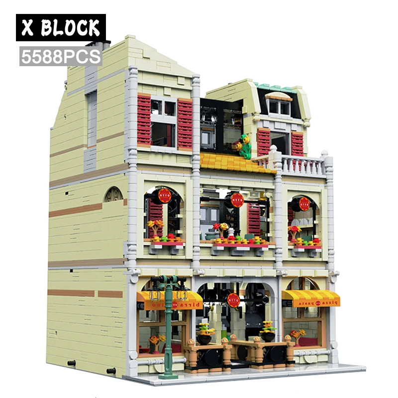 

MOC-70722 Pizza Shop Modular Building Blocks Street View City Architecture Model Creative Expert Toys for Kids Children Boy Gift