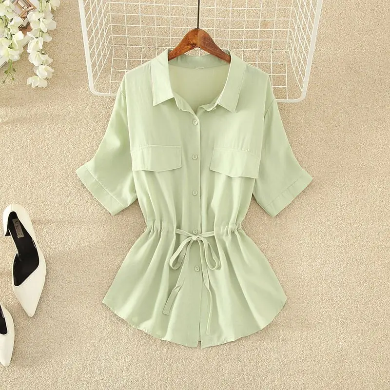 

Casual Temperament Short Sleeved Waistband Chiffon Shirt for Women's Summer New Loose Slimming Belly Covering Age Reduction Top