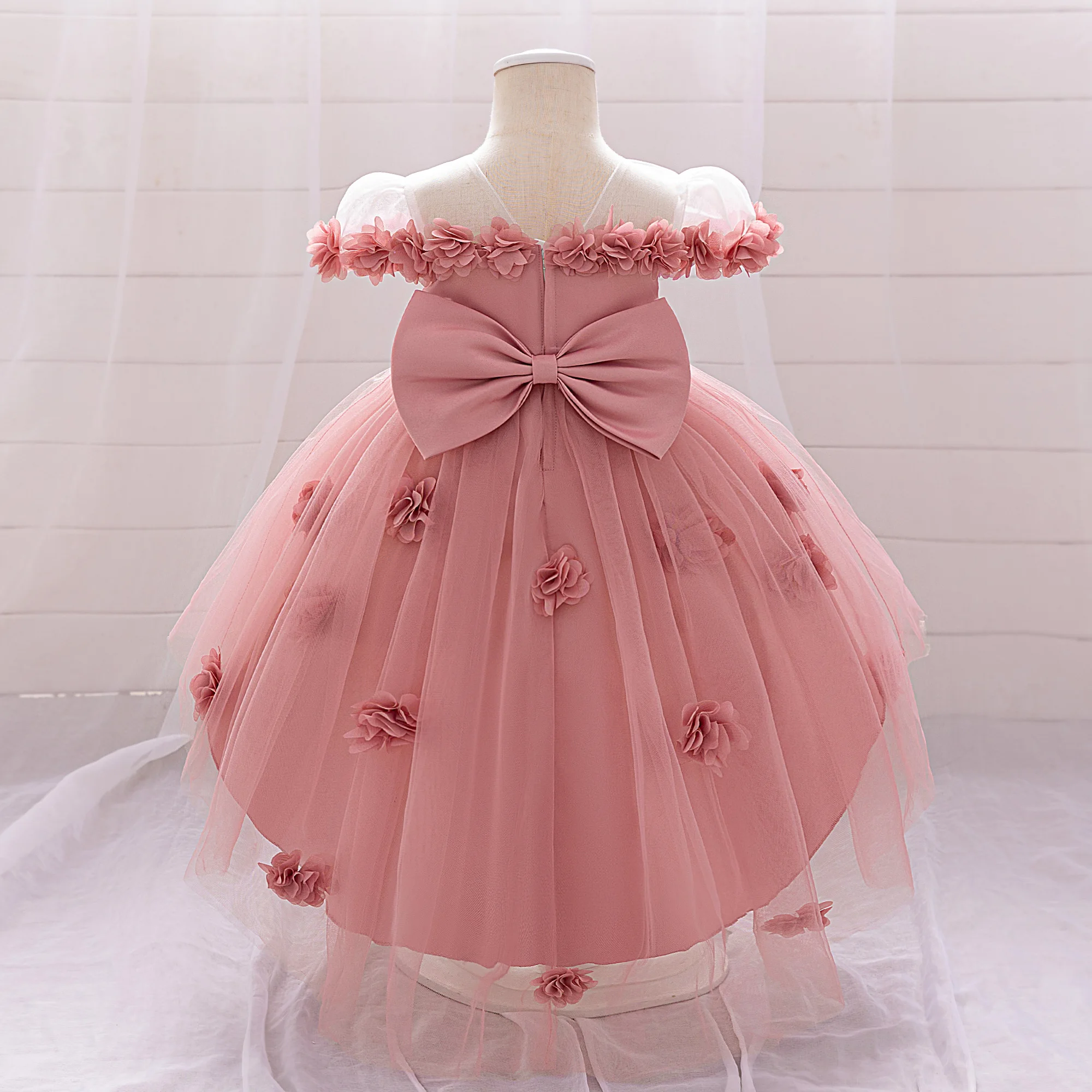 Summer Flower Party Baby Girls Dress Elegant Tailed Tulle 1st Birthday Wedding Princess Dress Bow Baptism Bridemaid Kids Clothes