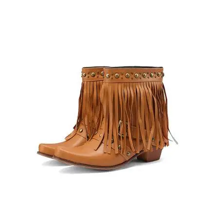Western Cowboy Tassel Fringes Boots For Women 2024 Slip On Square Heels Cowgirl Riding Retro Women's Ankle Shoes image 4