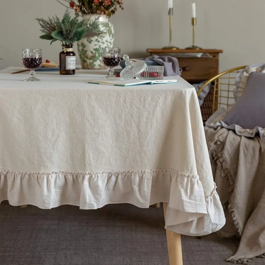 

Retro Farmhouse Ruffle Tablecloth Cotton Flounces Trim Washable Table Cover Tablecloths for Rectangle Table Baby Shower Kitchen