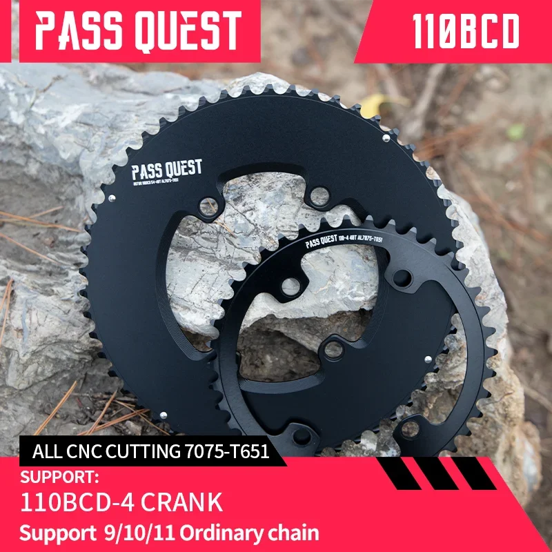 

PASS QUEST 110BCD 2X Round black Sprocket Road bike Gravel bike for Rotor AERO crankshaft 9-11 speed 46T 48T 50T 52T 53T 54T