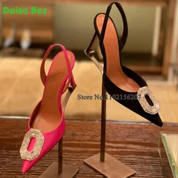 Oval Crystal Pointed Toe Slingback Pumps For Female Women 2024 Back Strap Sexy Solid Shallow Luxury Fashion Elegant Party Shoes