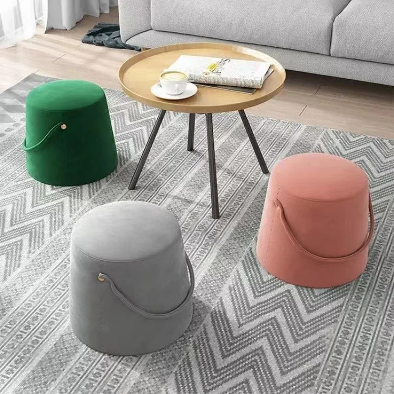 Light Luxury Portable Round Stool with Carrying Handle Living Room Sofa Footstool Hallway Furniture Footrest Low Chair