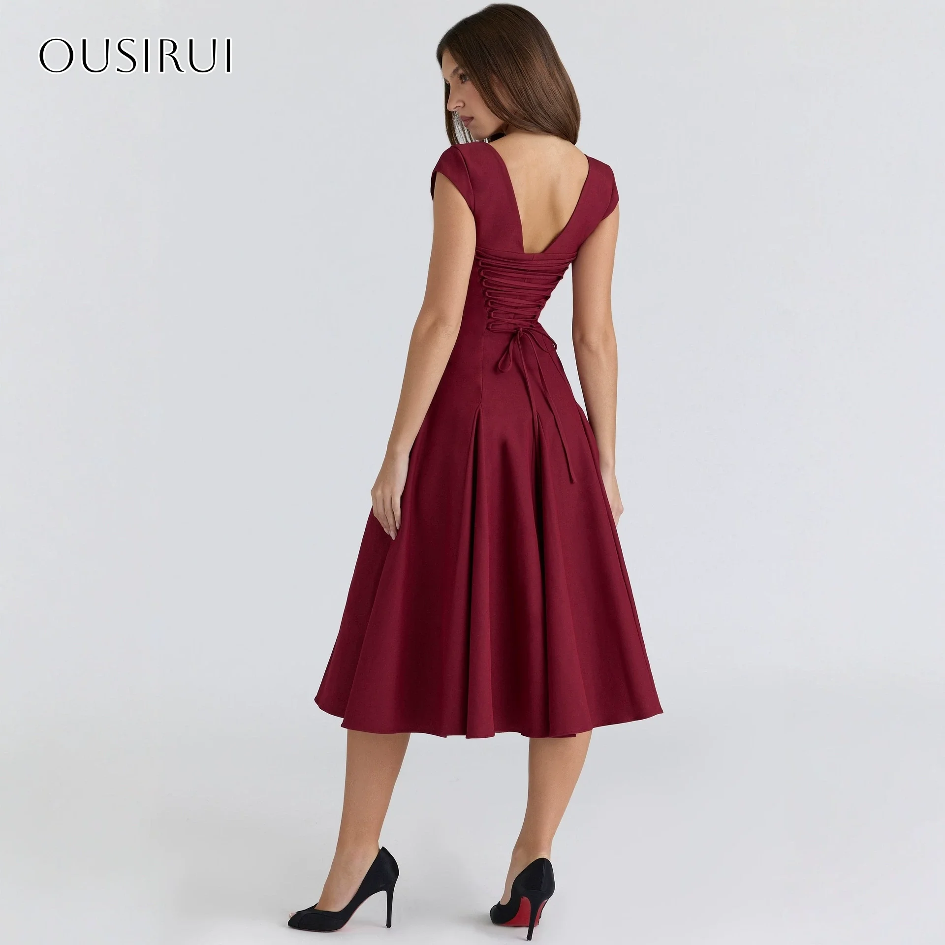 Robe de Cocktail trapèze en Satin, manches cape, longueur thé, Corset plissé au dos, robe de bal personnalisée