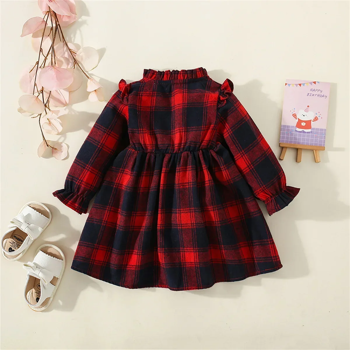 Autumn And Winter New Baby Girl Dress Red Plaid Pattern Pleated Long Sleeve Lantern Sleeve Garden Style Sweet Princess Dress