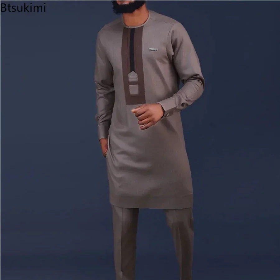 New Set Man 2 Pieces Wedding Prom Dashiki Men Outfit Dashiki Printed Long Sleeve Shirt White Trouser Suits For Men Set 2 Pieces