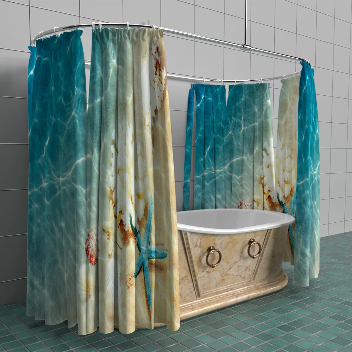 1 piece of 180x180cm beach starfish printed shower curtain with hooks, waterproof and mildew proof partition in the bathroom