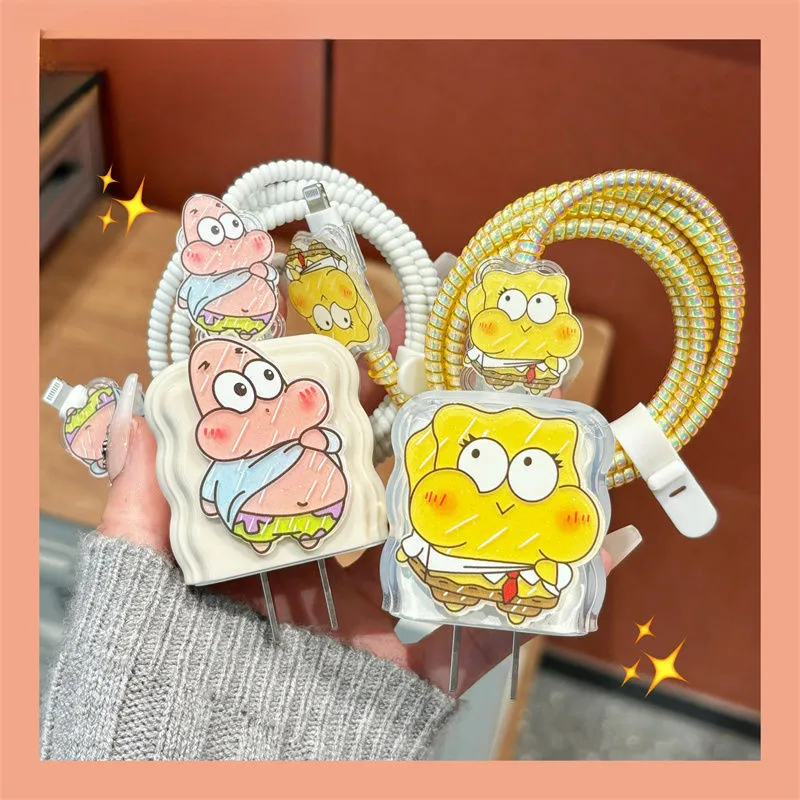 

Cable Charger Protector Case for iPhone 15 14 13 16 20W Charger Protection Cover Cartoon SpongeBob Cord Winder Spiral Protective