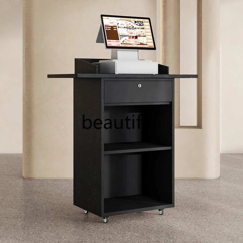 Restaurant guide desk Black wood grain shopping guide desk Welcome mobile information desk with wheels at the entrance