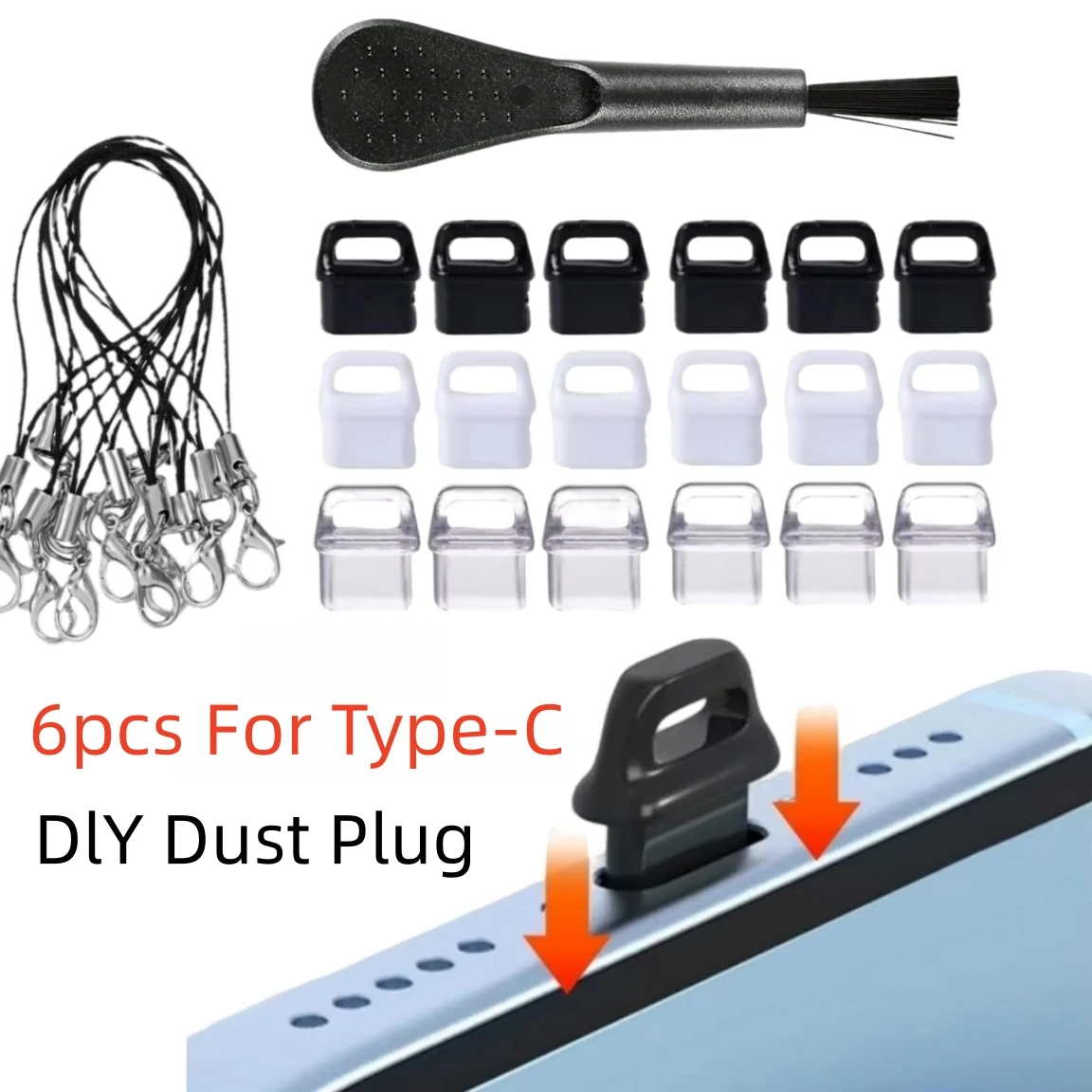 6 Protetores de Poeira Tipo-C, Capas Anti-Poeira USB-C para Celulares, Inclui 6 Cordões e 1 Escova de Limpeza, um Pequeno Kit de Cuidados Diários para Celulares, Computadores, Fones de Ouvido, Etc.