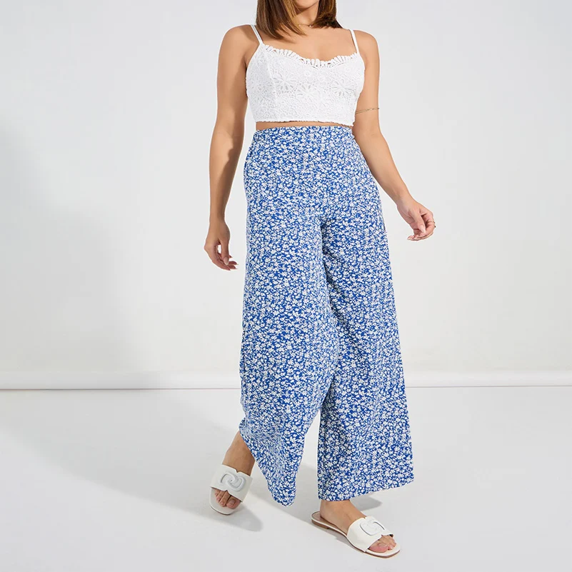 Plus Size Women\'s Floral Print Trousers Elastic Waist Loose Wide Leg Trousers with Pockets
