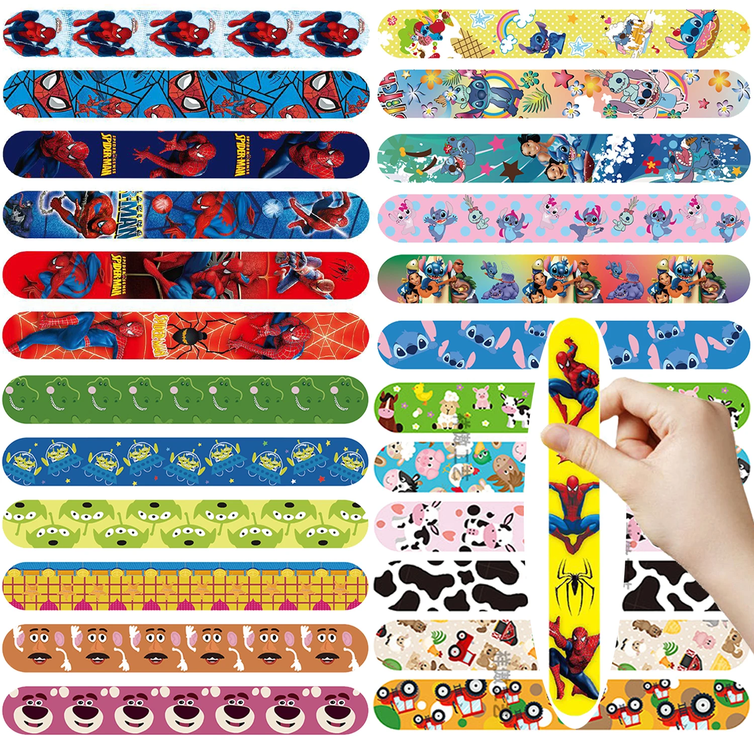 10Pcs Spiderman Stitch Slap Bracelet Toys Party Favors (10 Designs) with Anime Character Designs, Classroom Prize Exchange Gifts